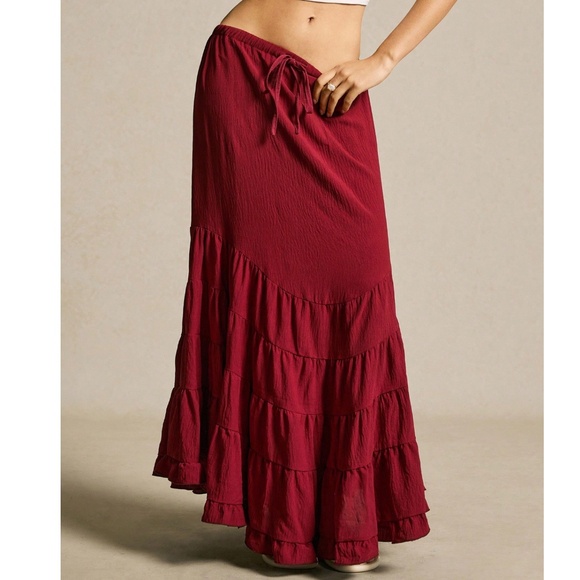 Boho Red Stretchy Drawstring Waist Ruffle hem Maxi Skirt - Picture 6 of 6